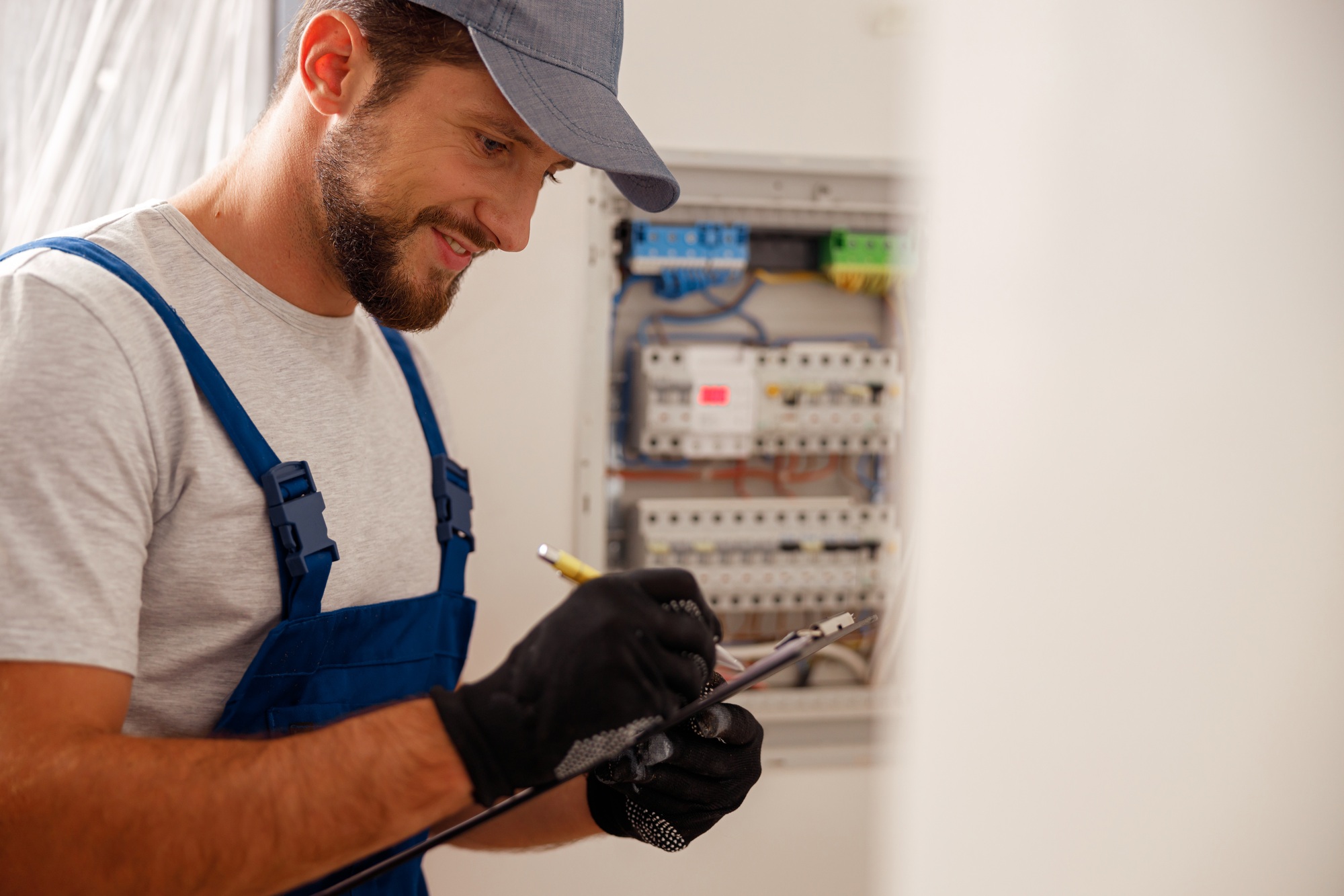 Busy electrical technician writing on a clipboard the data collected on a residential electric